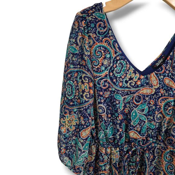 BeBop Women’s Navy Paisley Boho Chiffon Lined Mini Dress – Size Medium - Picture 2 of 9